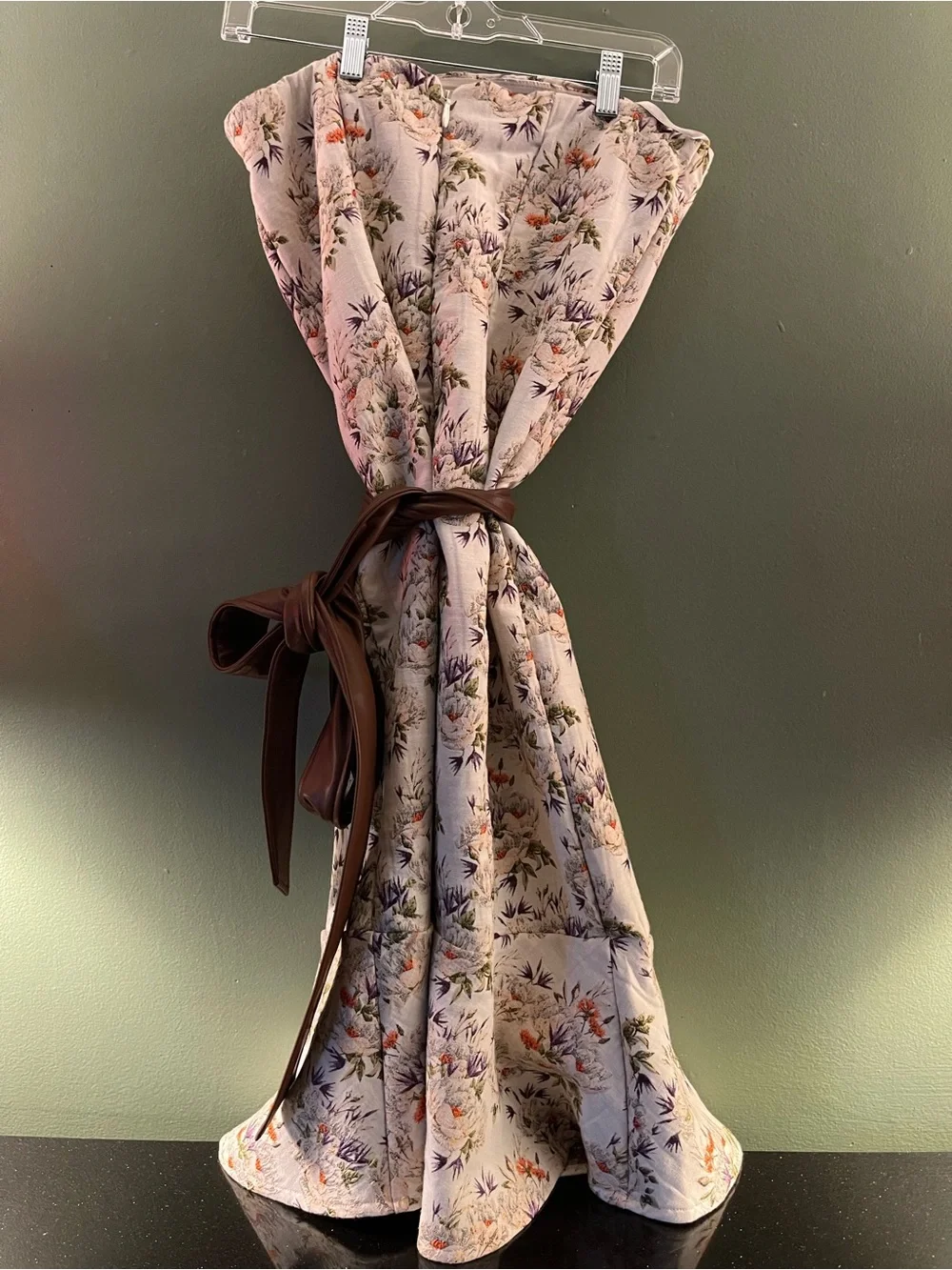 Floral Cream Silk Scarf with Brown Belt Accent